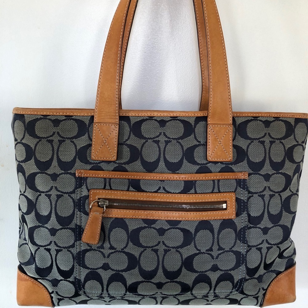 Coach Satchel Blue Canvas Leather Trimmed Bag